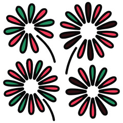 Fototapeta premium Four stylized floral bursts with alternating red and green petals against a white background creating a festive and celebratory feel
