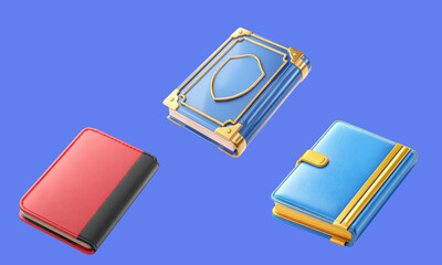 3D Three stylized books on a blue background isolated on transparency background, PNG cut out, showcasing distinct designs with vibrant colors, Perfect for themes related to education, storytelling