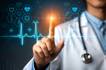 Doctor interacting with futuristic medical technology and digital health interface