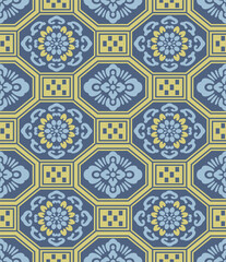 Japanese Flower Octagon Mosaic Vector Seamless Pattern