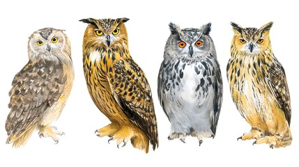 set of eagle owls on an isolated white background, watercolor illustration