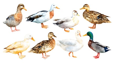 set of birds watercolor illustrations, wild geese and ducks hand painted