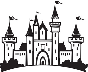 Obraz premium Fairytale castle silhouette with flags