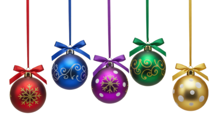 Six classic multicolored patterned, bowed holiday ornaments suspended on transparent studio background with soft lighting, negative space. Elegant holiday decor concept