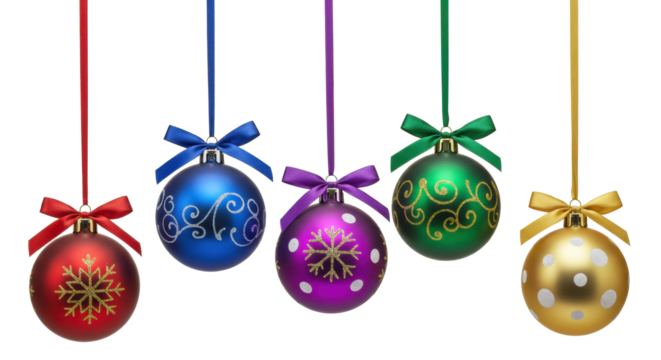 Six classic multicolored patterned, bowed holiday ornaments suspended on transparent studio background with soft lighting, negative space. Elegant holiday decor concept