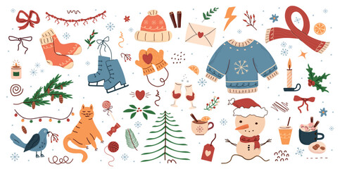 winter pattern, cute illustration.  tree, stars, dots, snow, simple  design. hand drawn doodles are isolated on a white background. A trend concept for print, banners, social networks, posters. vector