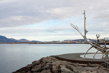 The enigmatic sculpture of the Sun Voyager is one of Reykjavik's most popular sights, evoking a Viking ship, in Iceland