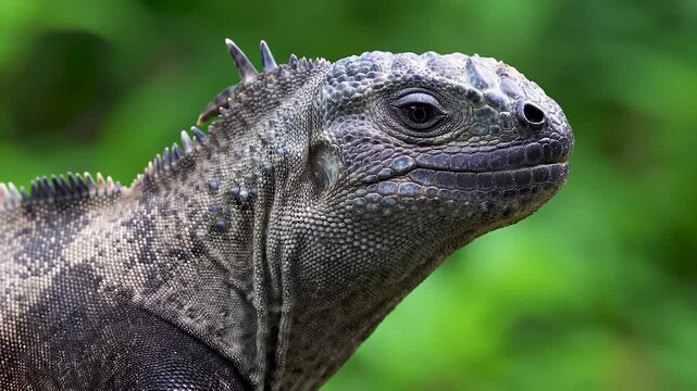 Close-up portrait of a grey reptile, possibly an iguana, showcasing its textured scales and powerful features in a natural green habitat.