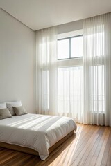 A bright minimalist bedroom interior with white sheer curtains, wooden flooring, and soft morning light, evoking calm, clarity, and modern lifestyle tranquility
