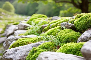 Moss-covered stone wall in a lush, natural setting
