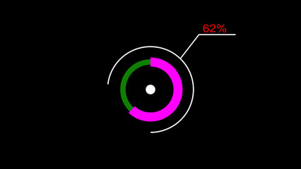 A dynamic circle loading illustration, is loading from 1 to 62 and on a black background  .