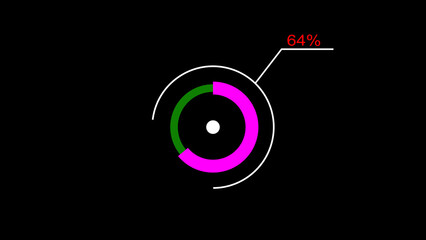A dynamic circle loading illustration, is loading from 1 to 64 and on a black background  .