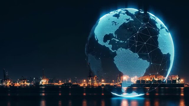 Virtual world trade connections depicted by radiant globe graphic over serene nighttime freight port background.