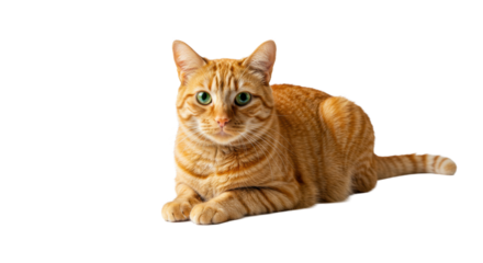 Adult orange tabby cat with vibrant green eyes, lying calmly, alert, looking at viewer on a transparent studio background with ample copy space. Concept of comfort and well-being