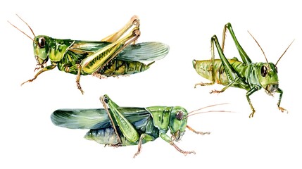 set watercolor of cricket, insect illustration is drawn on an isolated white background