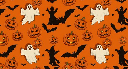 Halloween-themed pattern featuring ghosts, pumpkins, and bats on an orange background