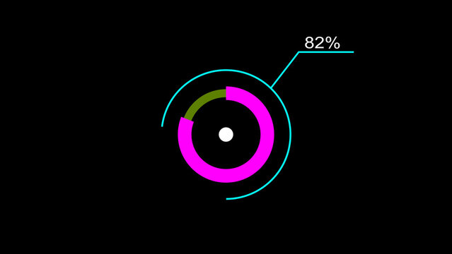 A dynamic circle loading illustration, is loading from 1 to 82 and on a black background  .