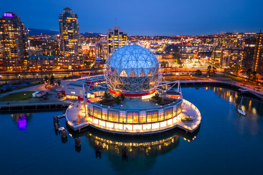 Vancouver, BC, Canada - Feb 8, 2023: Vancouver Cityscape Science World Aerial View at Night