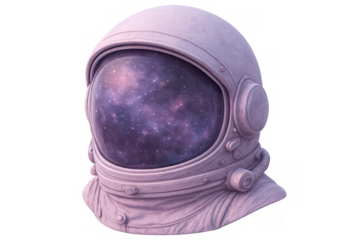 Pink astronaut helmet reflecting a vibrant nebula in the visor, isolated against a transparent background, evoking cosmic wonder