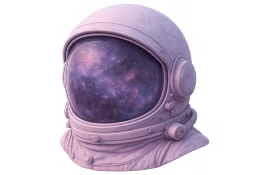 Pink astronaut helmet reflecting a vibrant nebula in the visor, isolated against a transparent background, evoking cosmic wonder