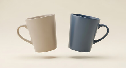 Obraz premium Elegant floating blue and cream ceramic mug mockup for product presentation.