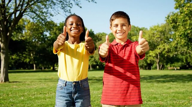 Enfants heureux donnant un pouce lev&eacute; au parc