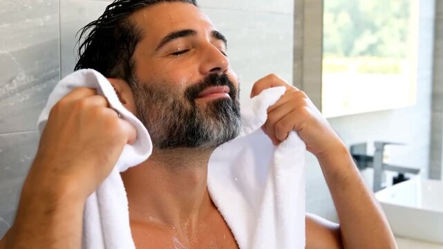 Homme essuyant ses cheveux avec une serviette