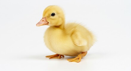 Fototapeta premium Fluffy yellow duckling sits softly lit against white background. AI Generated