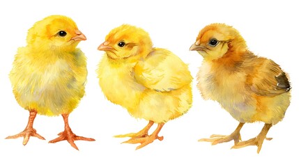 Fototapeta premium Set of fluffy chickens and cracked eggs hand drawn in watercolor isolated on the white background. The symbol of spring, new life, nature's awakening and Easter celebration