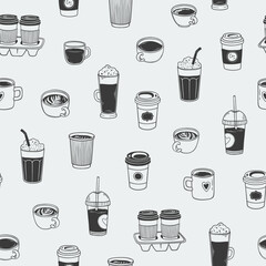Hand drawn seamless pattern of various coffee cups. Doodle background with morning hot drink in sketch style. Vintage linear design for poster, print, wrapping paper, menu, wallpaper, fabric