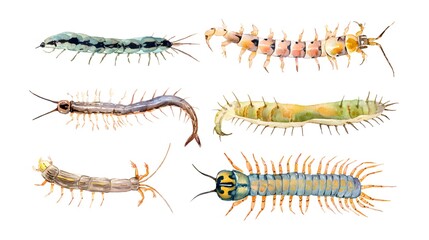 Obraz premium Illustration of realistic natural centipedes. Closeup side view. Watercolor hand painted isolated element on white background.