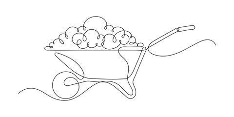Fototapeta na wymiar Wheelbarrow with soil. Farming and agriculture. Continuous line drawing. 