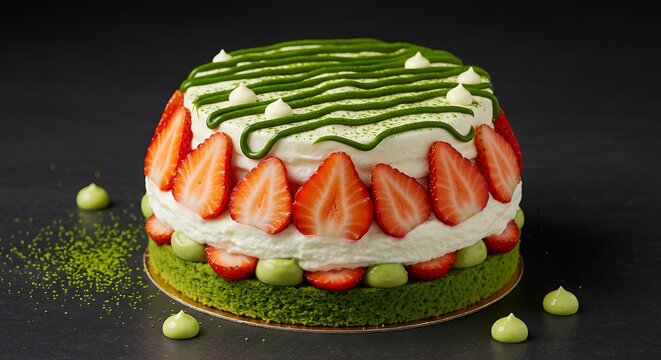 Decadent matcha strawberry cake creation, a vibrant, fresh dessert masterpiece for celebrations