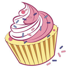 Stylized cupcake with pink frosting and colorful sprinkles white