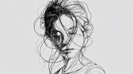 Fototapeta premium Abstract Line Drawing of a Woman's Face. Intricate lines create a portrait, suggesting emotion and mystery. The style is minimalist yet expressive