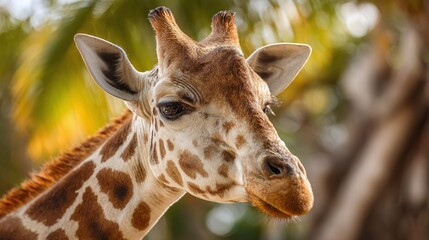 Obraz premium Giraffe portrait showcasing its distinctive brown and white patterned coat, prominent ears, and gentle expression, with a blurred tropical backdrop.