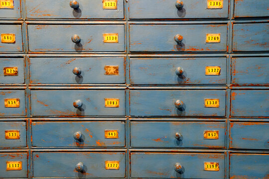 Paris, France, Europe.  The famous and worlds largest flea market - the St. Ouen "Marche des Puces.Old cabinet drawers