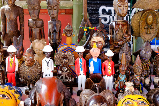 Paris, France, Europe.  The famous and worlds largest flea market - the St. Ouen "Marche des Puces. Display of African masks for sale