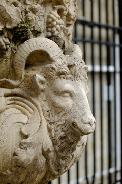Paris, France, Europe.  The famous and worlds largest flea market - the St. Ouen "Marche des Puces.Stone ram sculpture