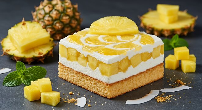 Indulge in this decadent square pineapple cake adorned with fresh fruit and creamy frosting, perfect for celebrations