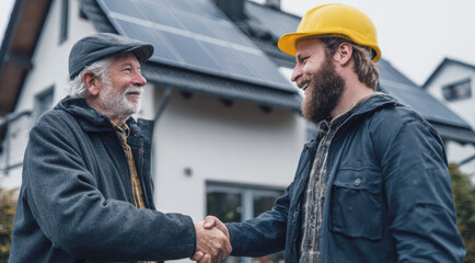 Senior homeowner and solar panel installer shaking hands in front of eco-friendly house, symbolizing trust, sustainable energy, partnership and green technology.