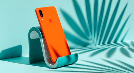 Modern Tablet Device Resting on a Stylish Triangular Wooden Stand on a Desk, with a Green Plant and Books in the Background

