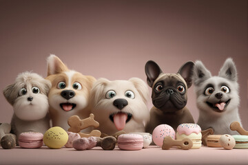 Cute Pet Scene, Lovely Combination of Cartoon Puppies and Desserts
