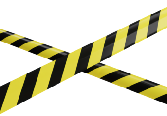 Bright yellow and black striped hazard tape, taut and textured with crisp diagonal stripes, dynamically arranged against a seamless transparent background, concept of corporate risk management