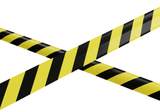 Bright yellow and black striped hazard tape, taut and textured with crisp diagonal stripes, dynamically arranged against a seamless transparent background, concept of corporate risk management