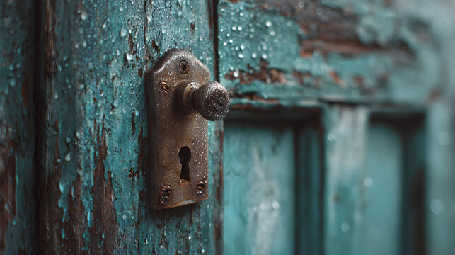 Close up of a weathered antique teal door with a rusty metal doorknob and keyhole