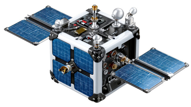 CubeSat: The miniature satellite, with deployed solar panels, exemplifies technological innovation in space exploration. This detailed photorealistic image shows the components of the satellite.