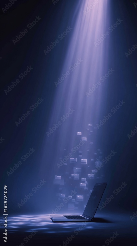 Aufkleber laptop illuminated by a beam of light in a dark environment, with floating digital elements surround