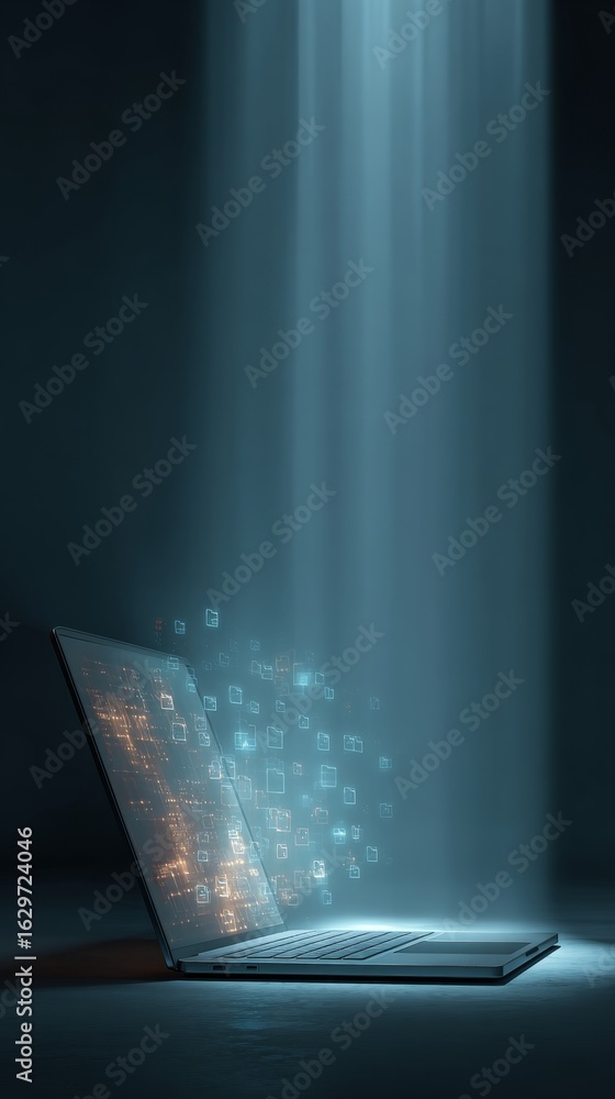 Aufkleber laptop with glowing screen emits digital data particles in a dark environment, illuminated by beams 
