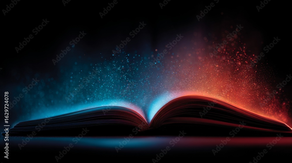 Aufkleber open book with glowing pages, surrounded by vibrant particles of light in blue and red hues, creatin